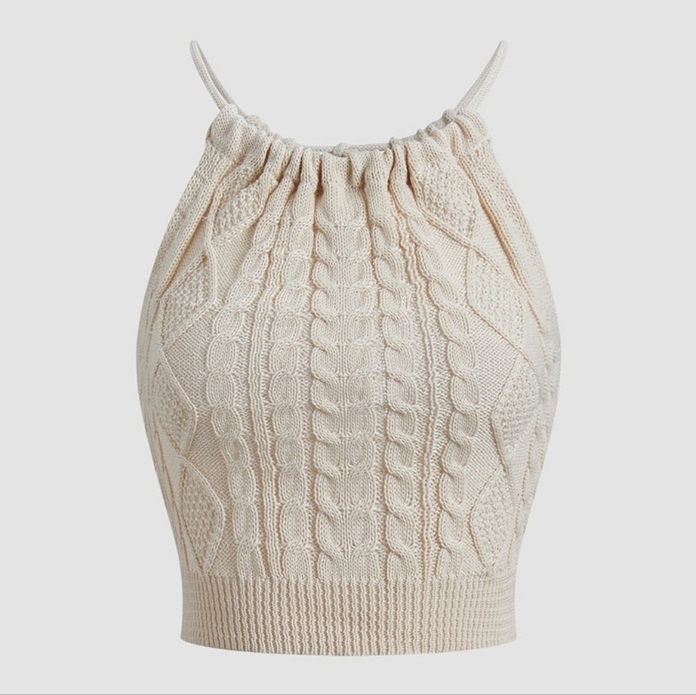 Drawstring Open Back Cable Knit Halter Crop Top - Apricot